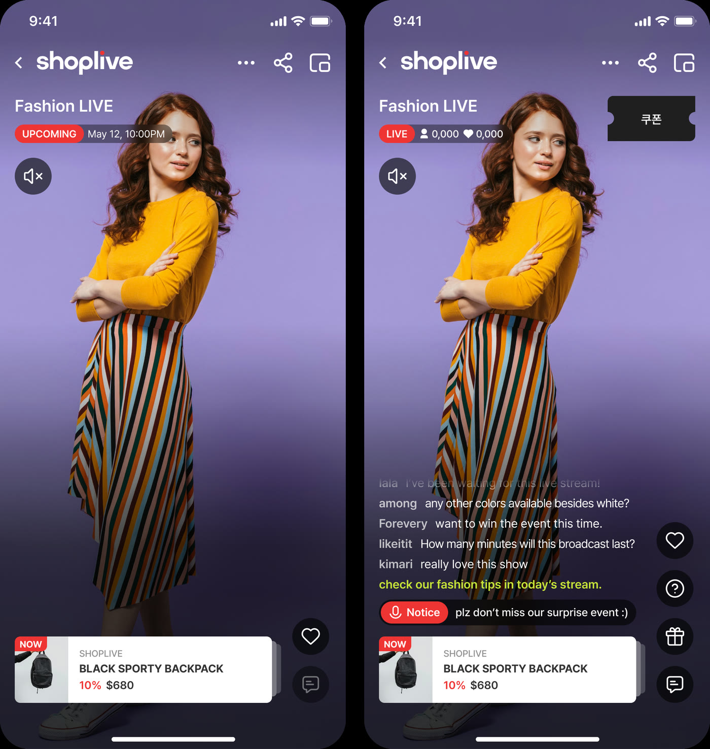 Player screen before the broadcast (UPCOMING) and during it (LIVE), side by side