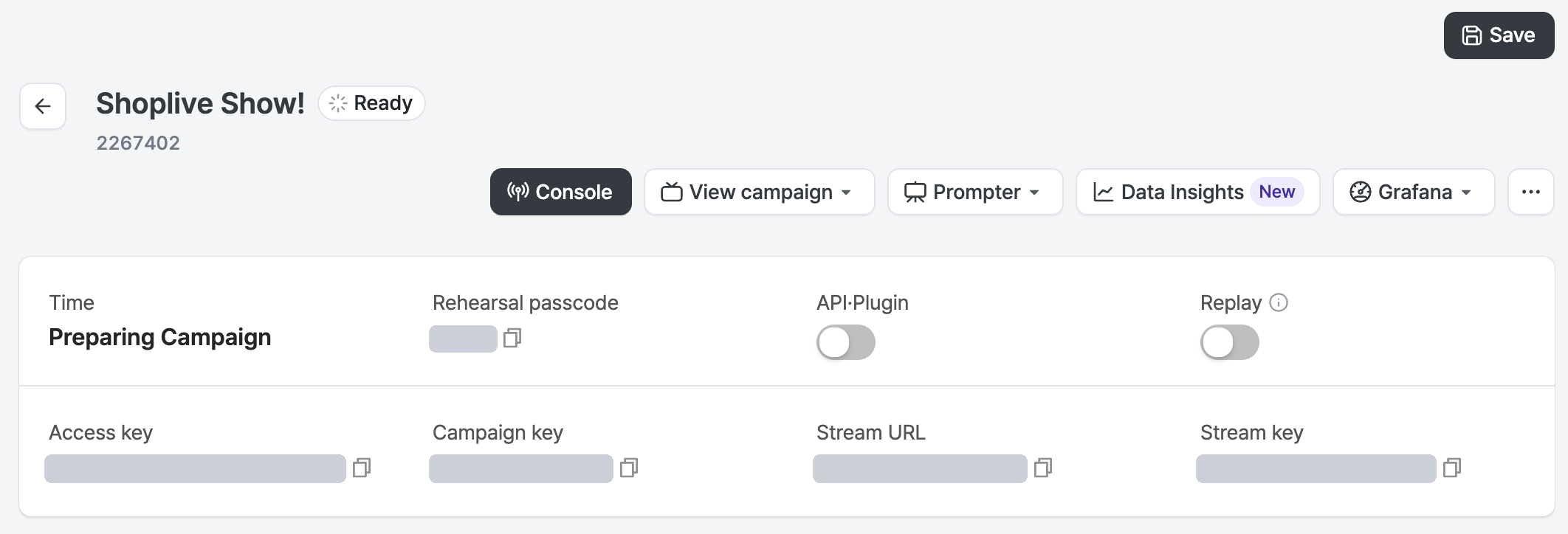 Where the Access key and Campaign key appear on the Shoplive Admin broadcast details page