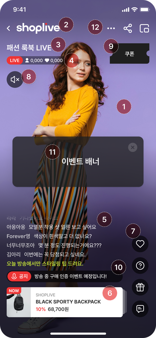 라이브 플레이어 화면의 각 요소에 1~12 번호를 붙인 그림