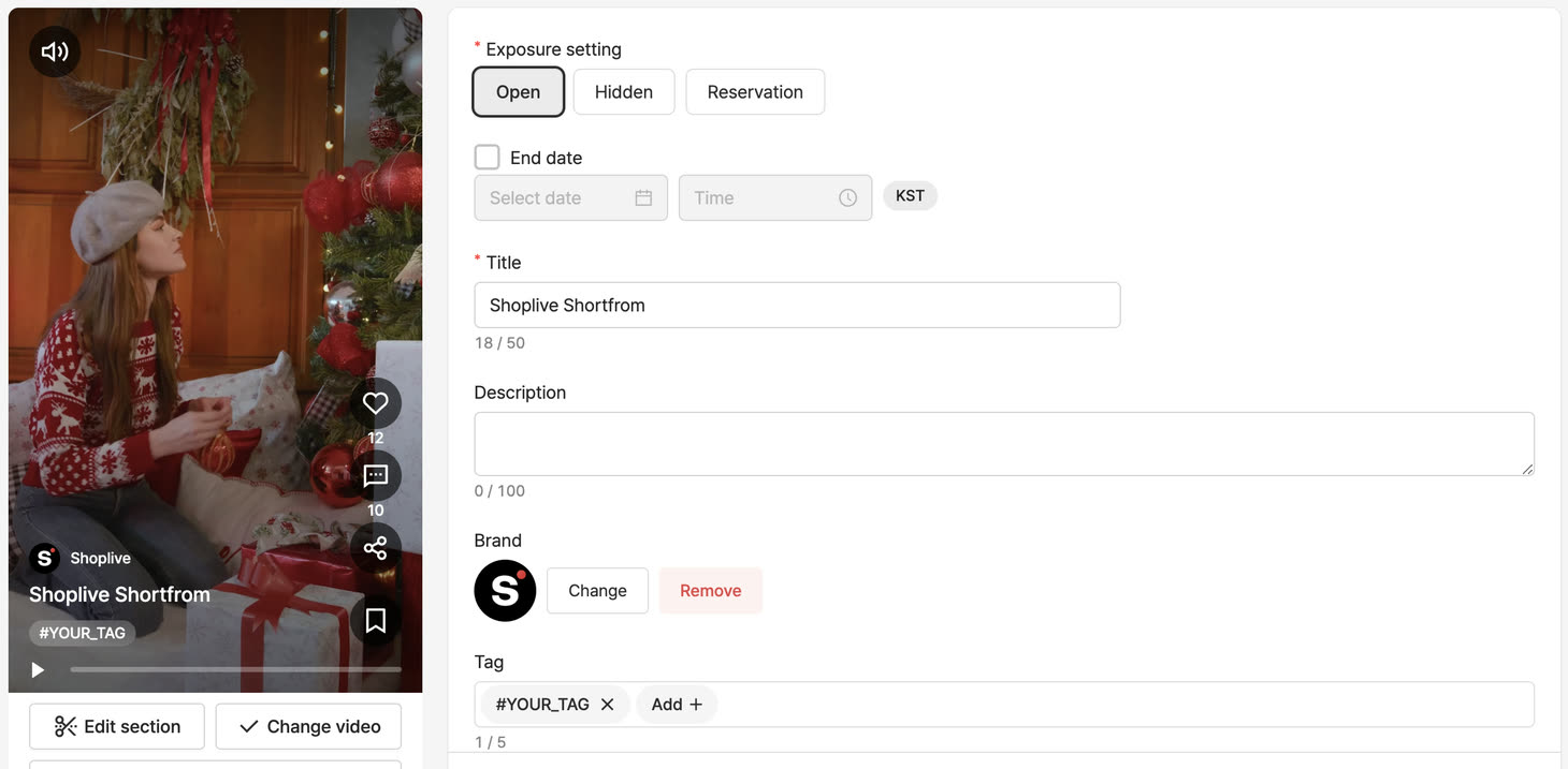 The Brand and Tag fields on the Admin shortform edit screen