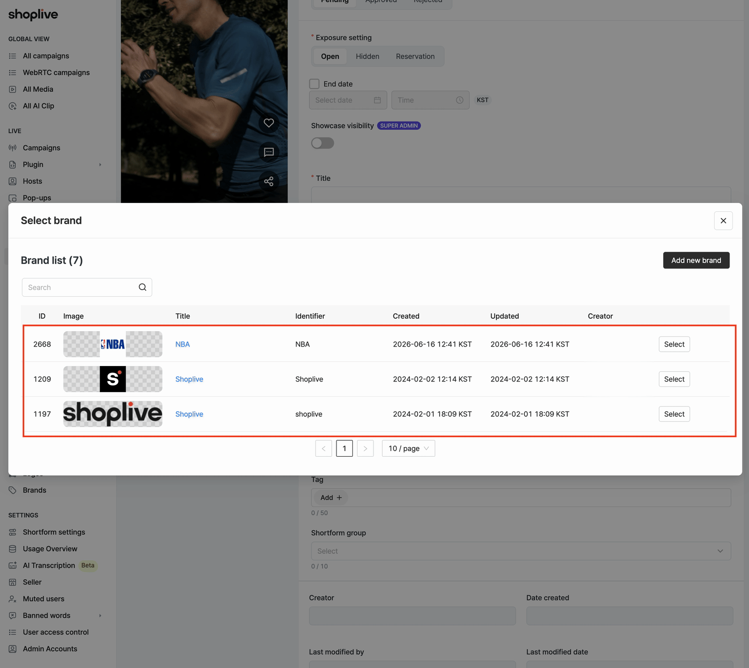 Admin Select brand modal — brand list with ID, Image, Title and Identifier columns