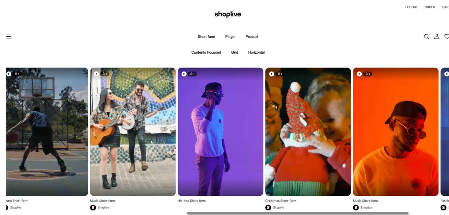 A real horizontally scrolling shortform feed rendered with the HORIZONTAL template