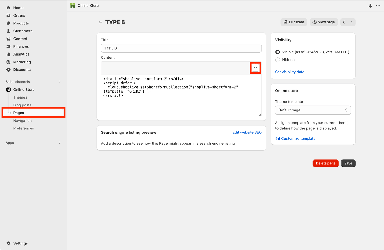 A container div and a setShortformCollection call added to a Shopify page's content