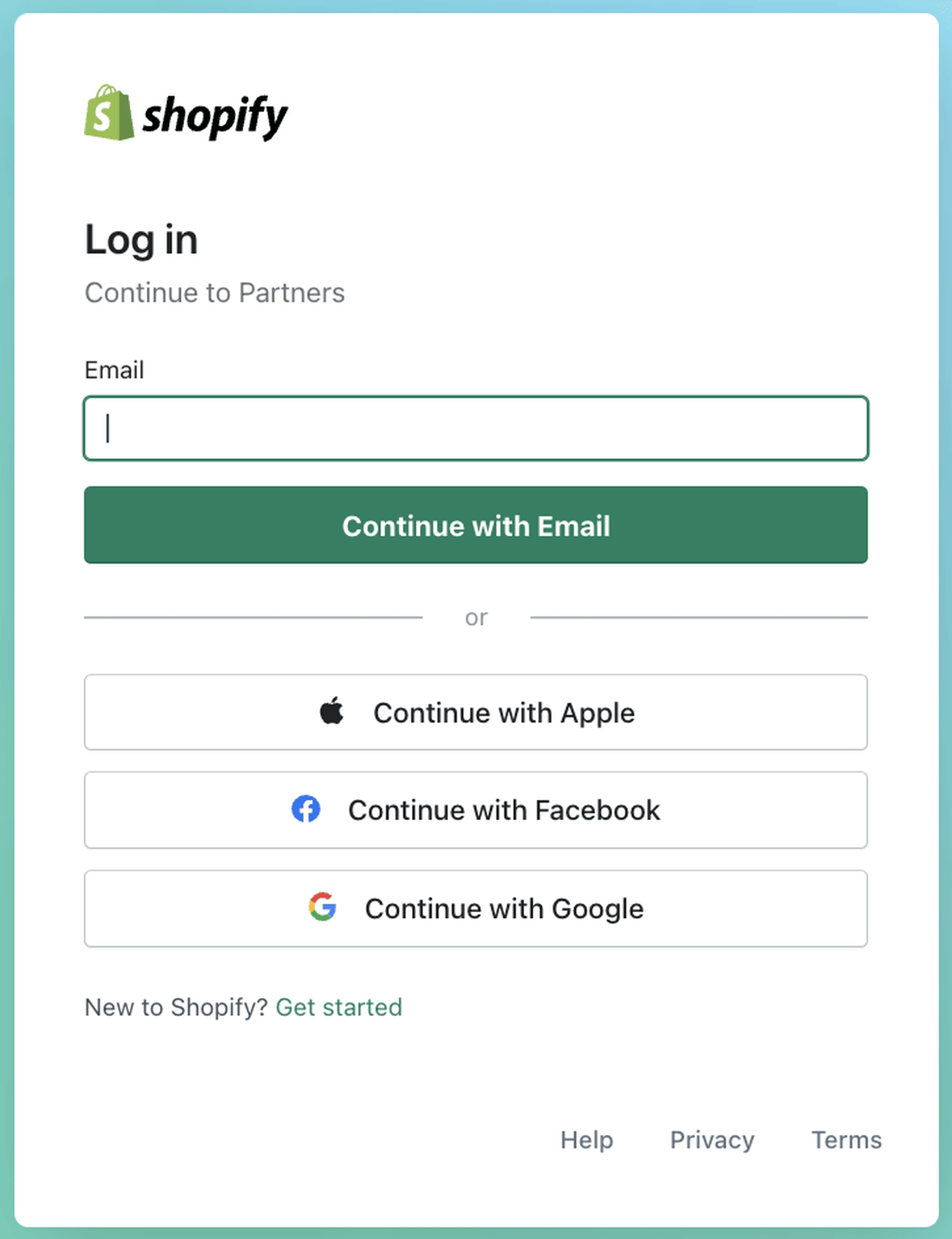 The Shopify login screen