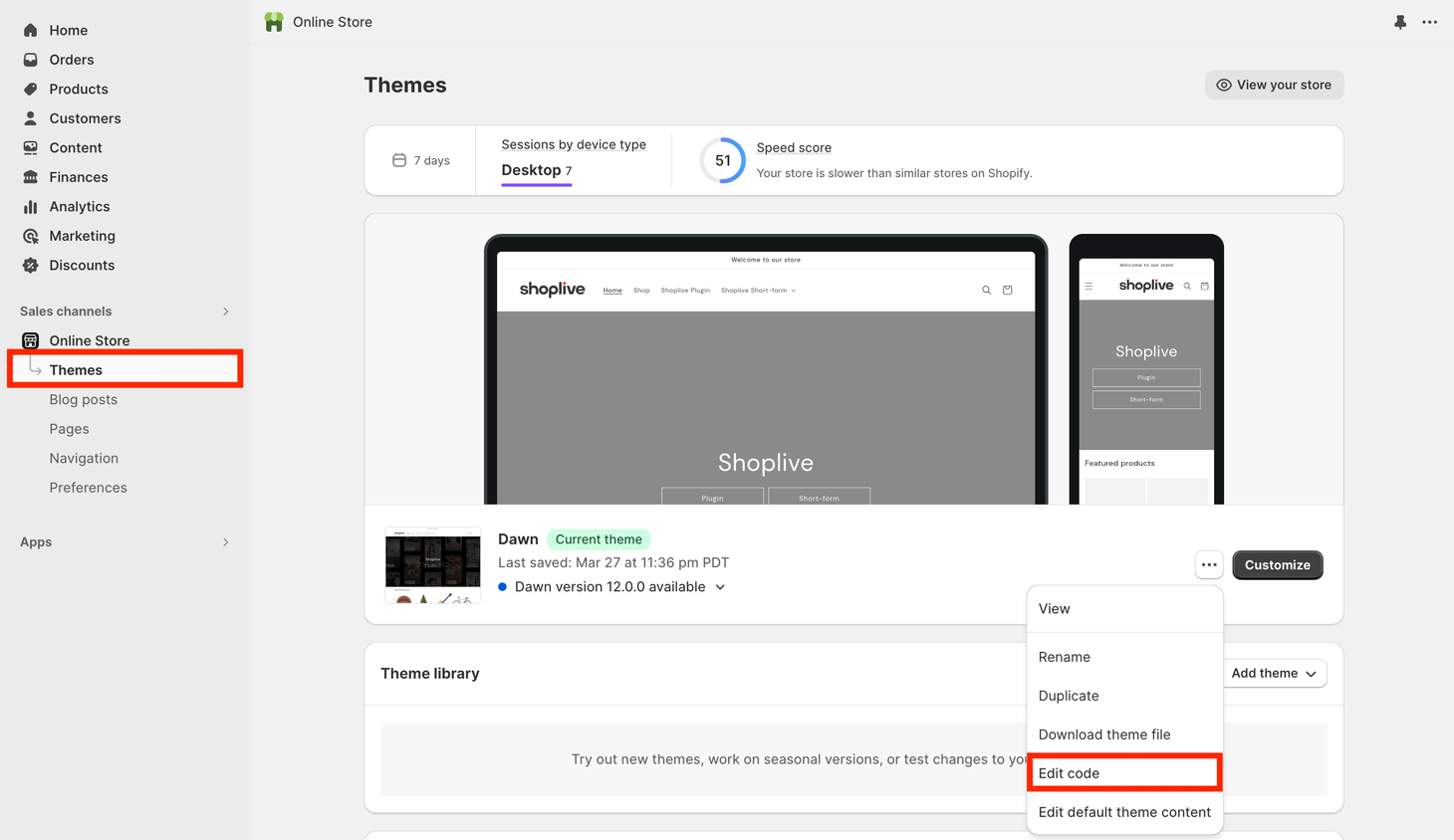The path to Online Store · Themes · Edit code in the Shopify admin