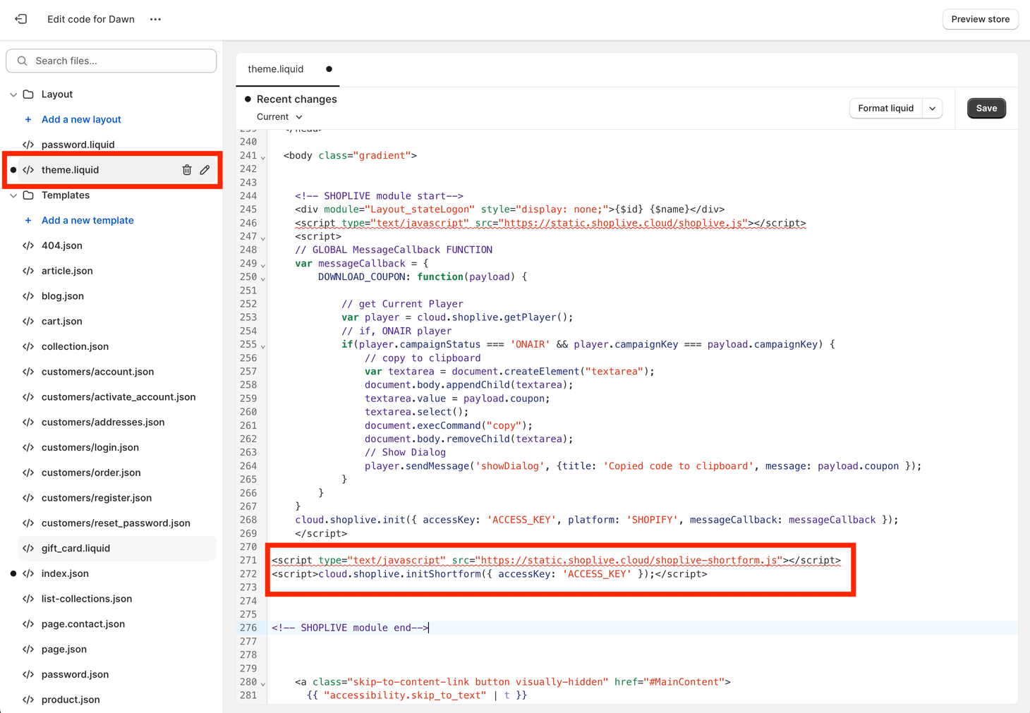 The shortform SDK script and initShortform added to theme.liquid
